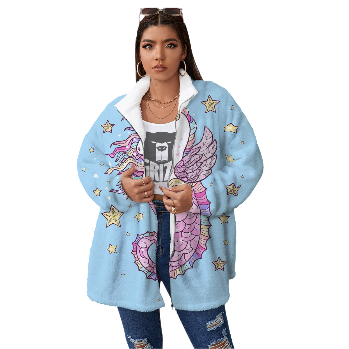 Seahorse Colorful Print Women's Sherpa Jacket-grizzshop