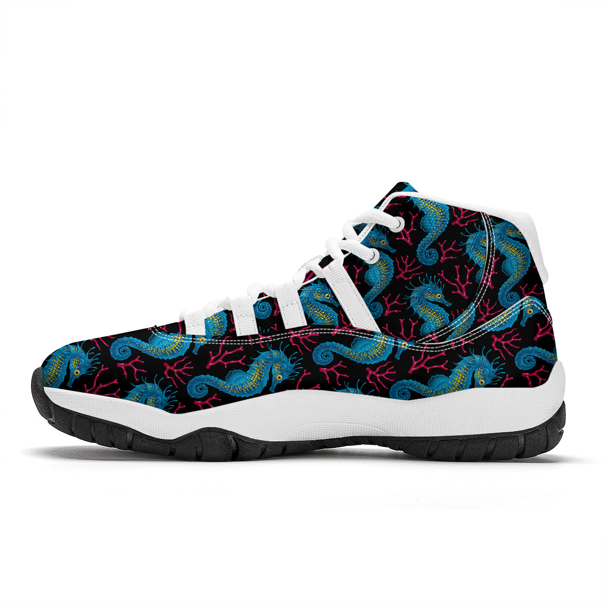 Seahorse Navy Pattern Print White Bball Shoes-grizzshop