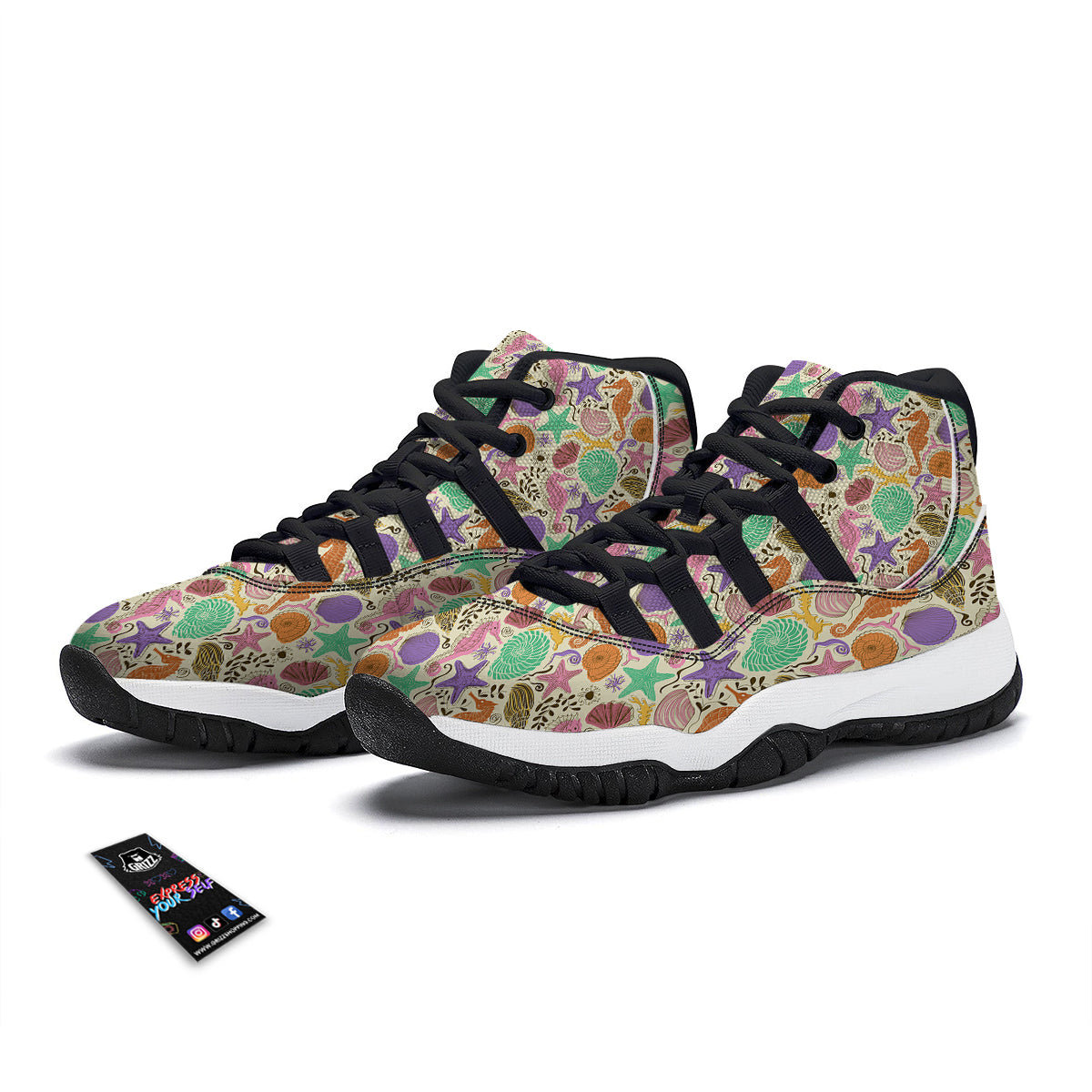 Seahorse Print Pattern Black Bball Shoes-grizzshop