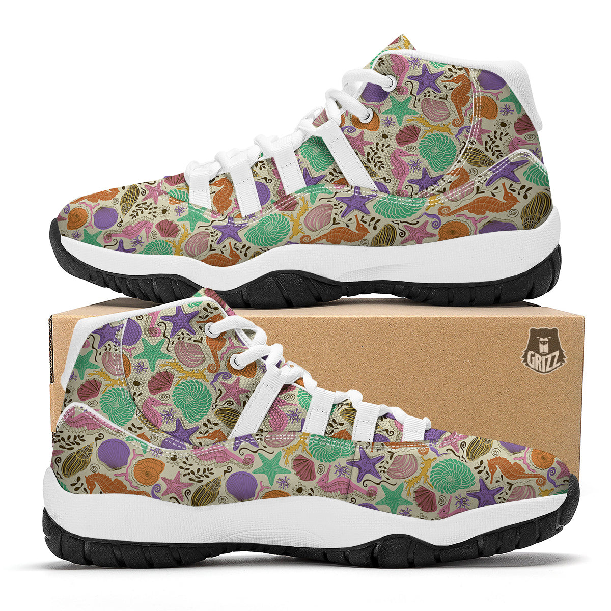 Seahorse Print Pattern White Bball Shoes-grizzshop