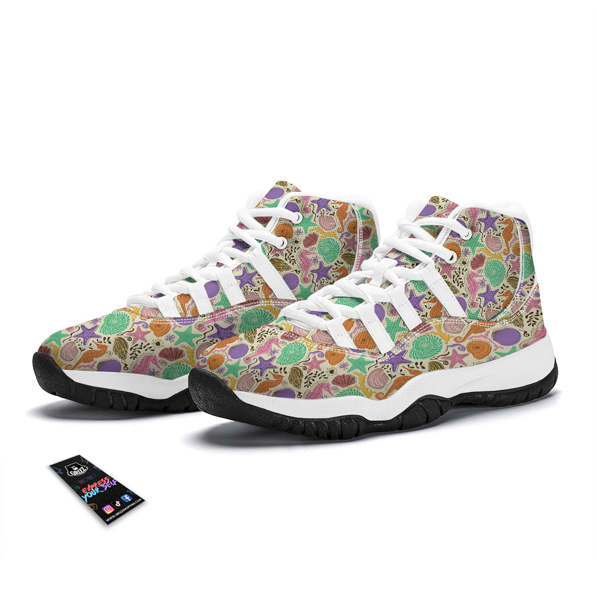 Seahorse Print Pattern White Bball Shoes-grizzshop