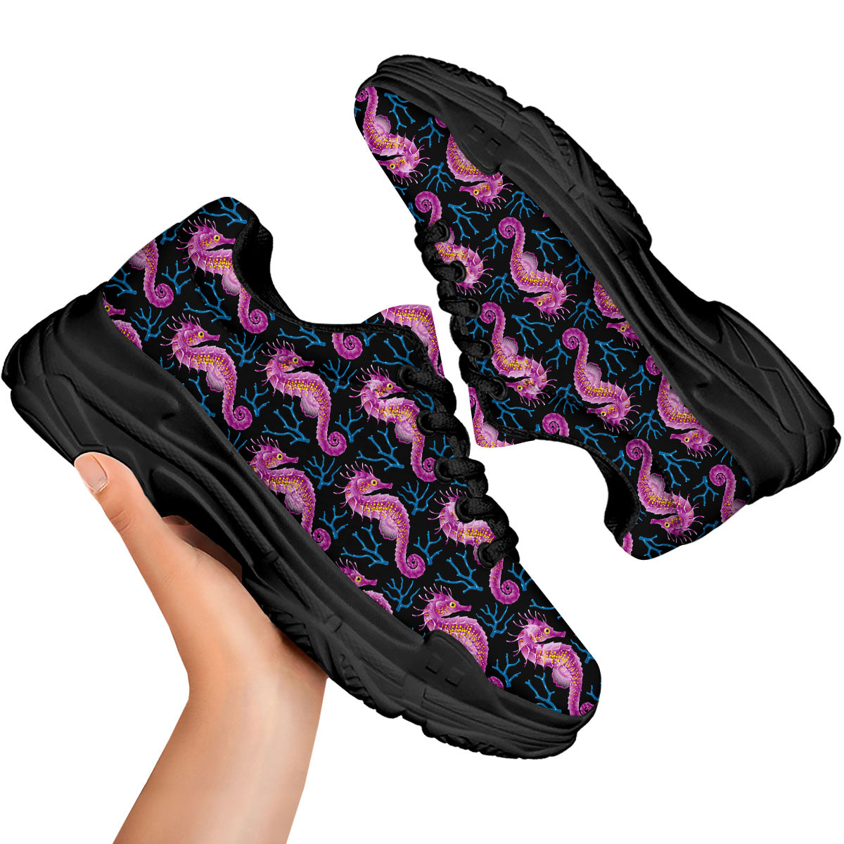 Seahorse Purple Print Pattern Black Chunky Shoes-grizzshop