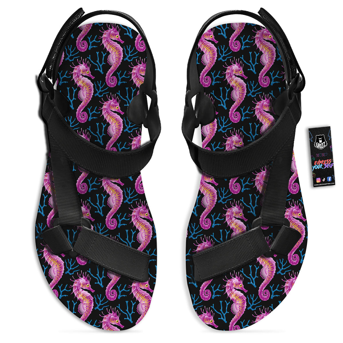 Seahorse Purple Print Pattern Black Open Toe Sandals-grizzshop