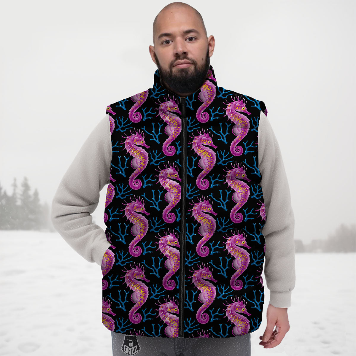 Seahorse Purple Print Pattern Down Vest