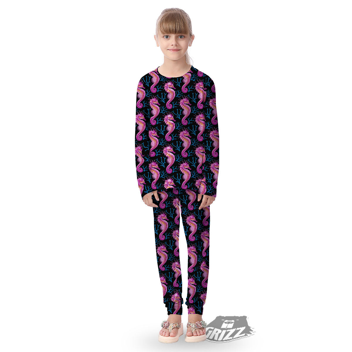 Seahorse Purple Print Pattern Kid's Pajamas-grizzshop