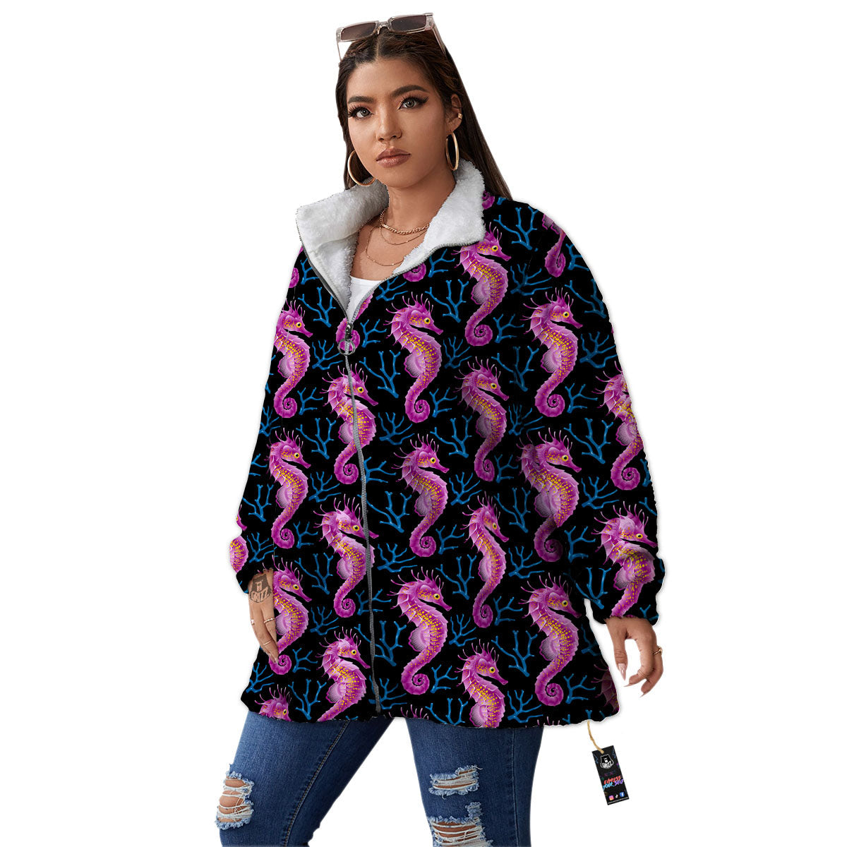 Seahorse Purple Print Pattern Women's Sherpa Jacket-grizzshop