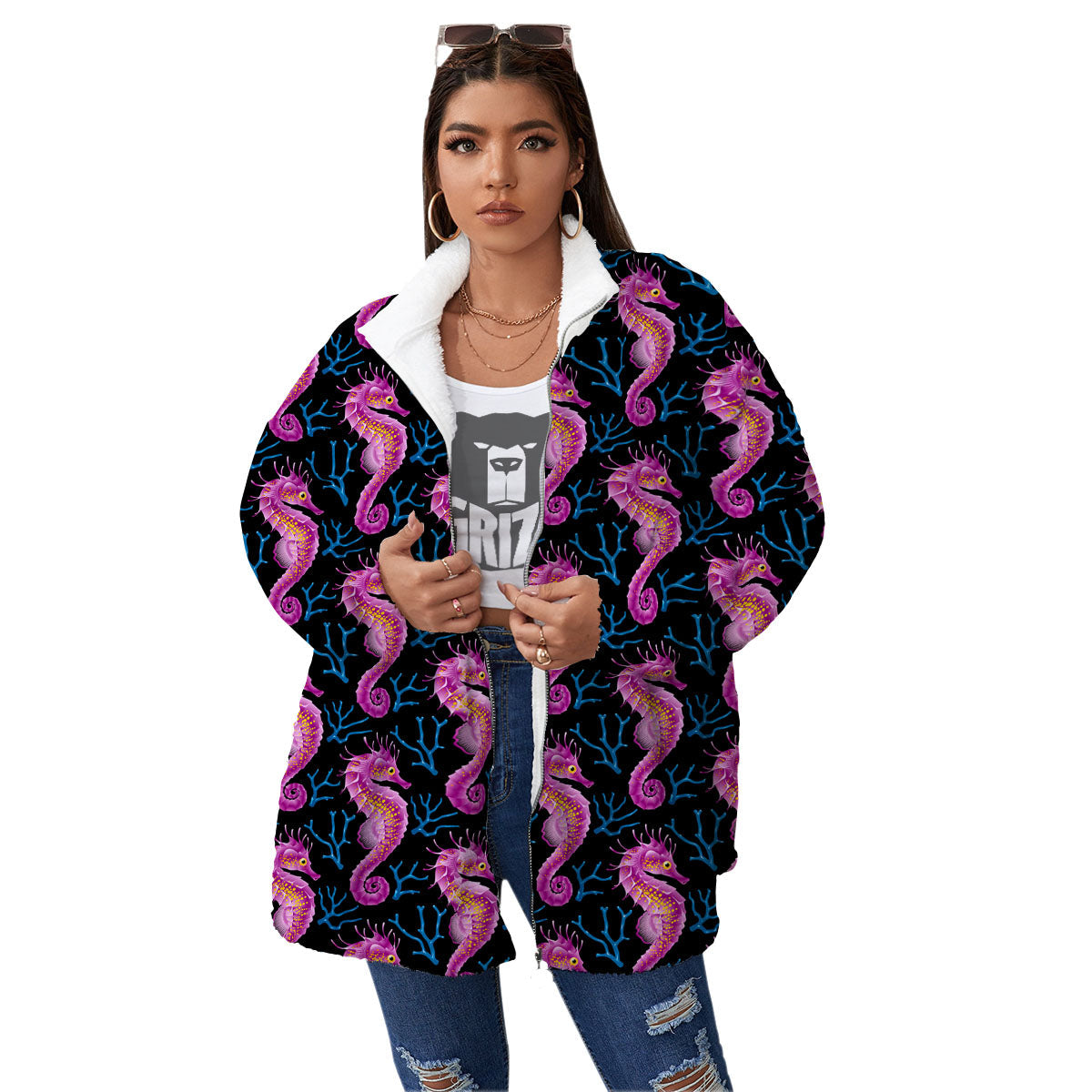 Seahorse Purple Print Pattern Women's Sherpa Jacket-grizzshop