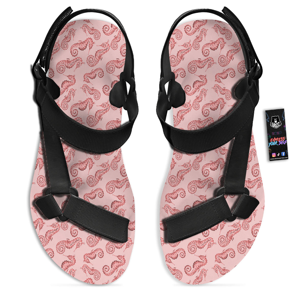 Seahorse Watercolor Print Pattern Black Open Toe Sandals-grizzshop