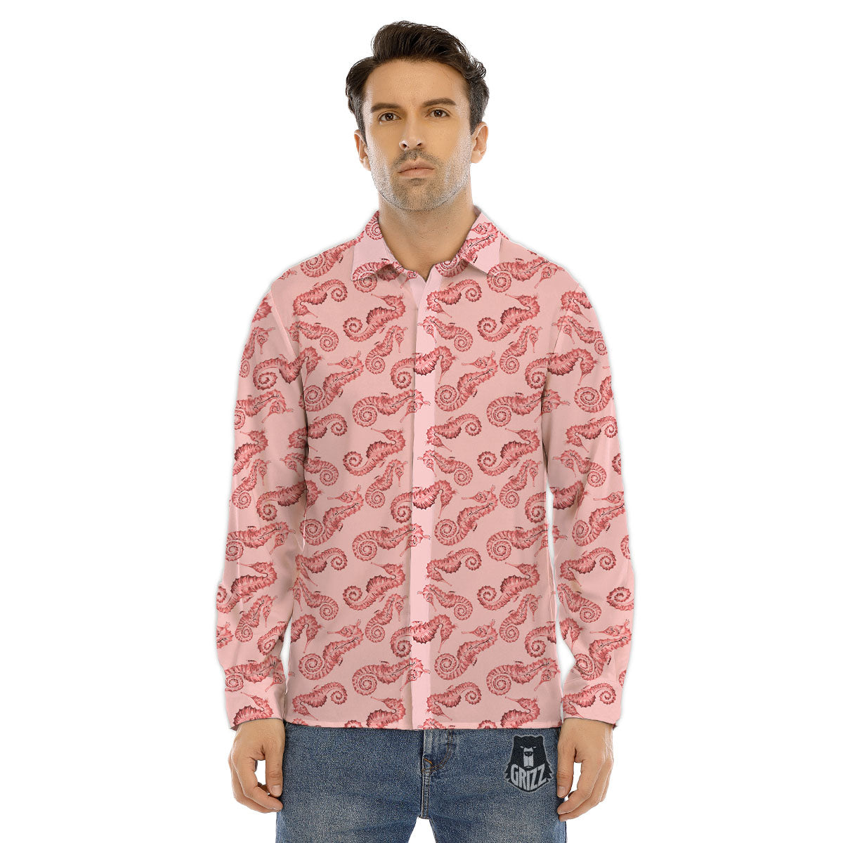 Seahorse Watercolor Print Pattern Men's Dress Shirts-grizzshop
