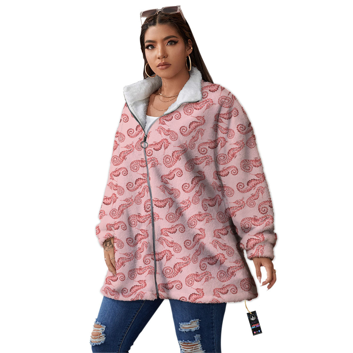 Seahorse Watercolor Print Pattern Women's Sherpa Jacket-grizzshop