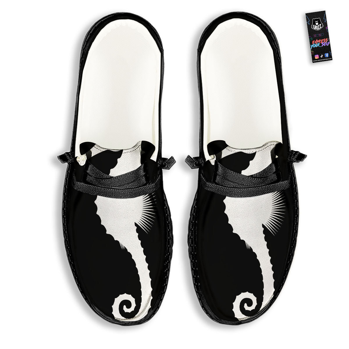 Seahorse White And Black Print Black Loafers-grizzshop