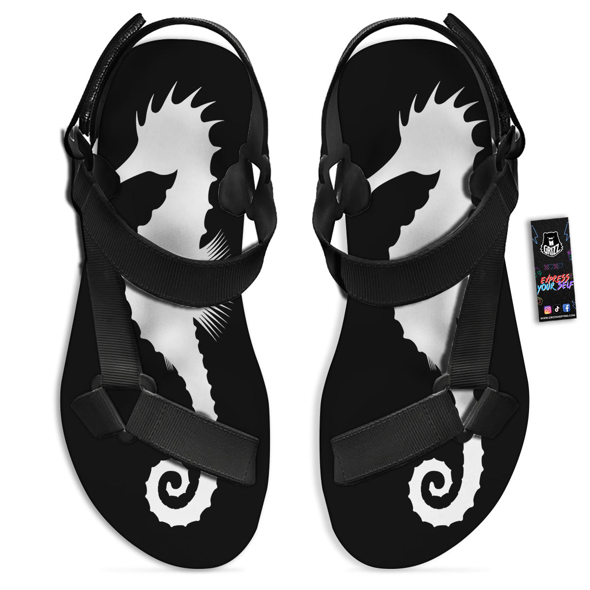 Seahorse White And Black Print Black Open Toe Sandals-grizzshop