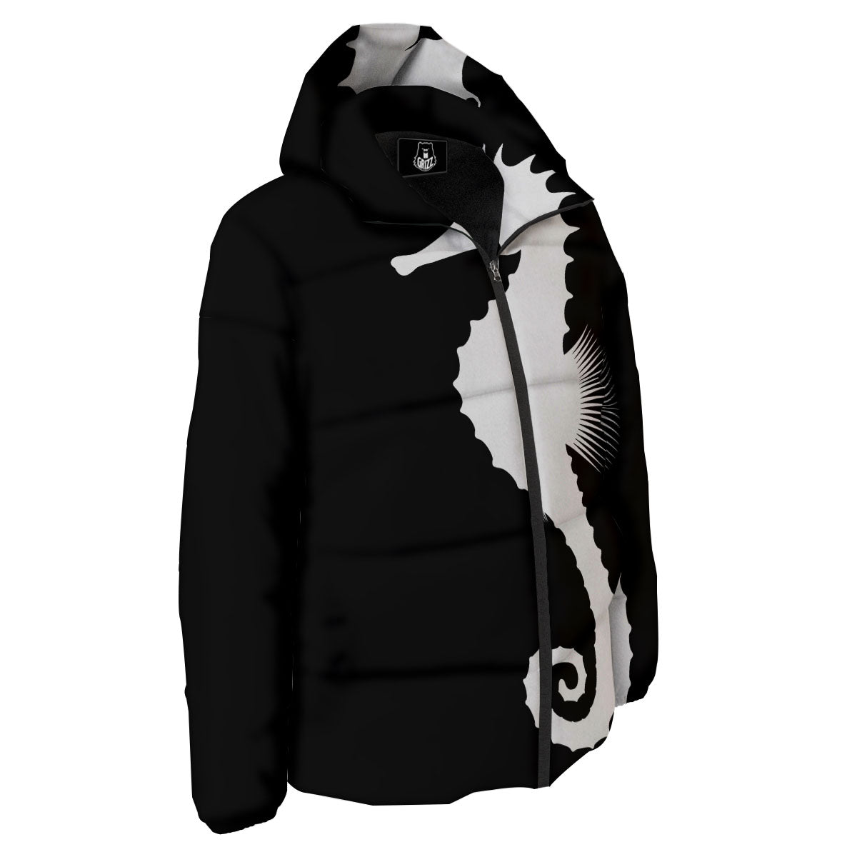Seahorse White And Black Print Down Jacket-grizzshop