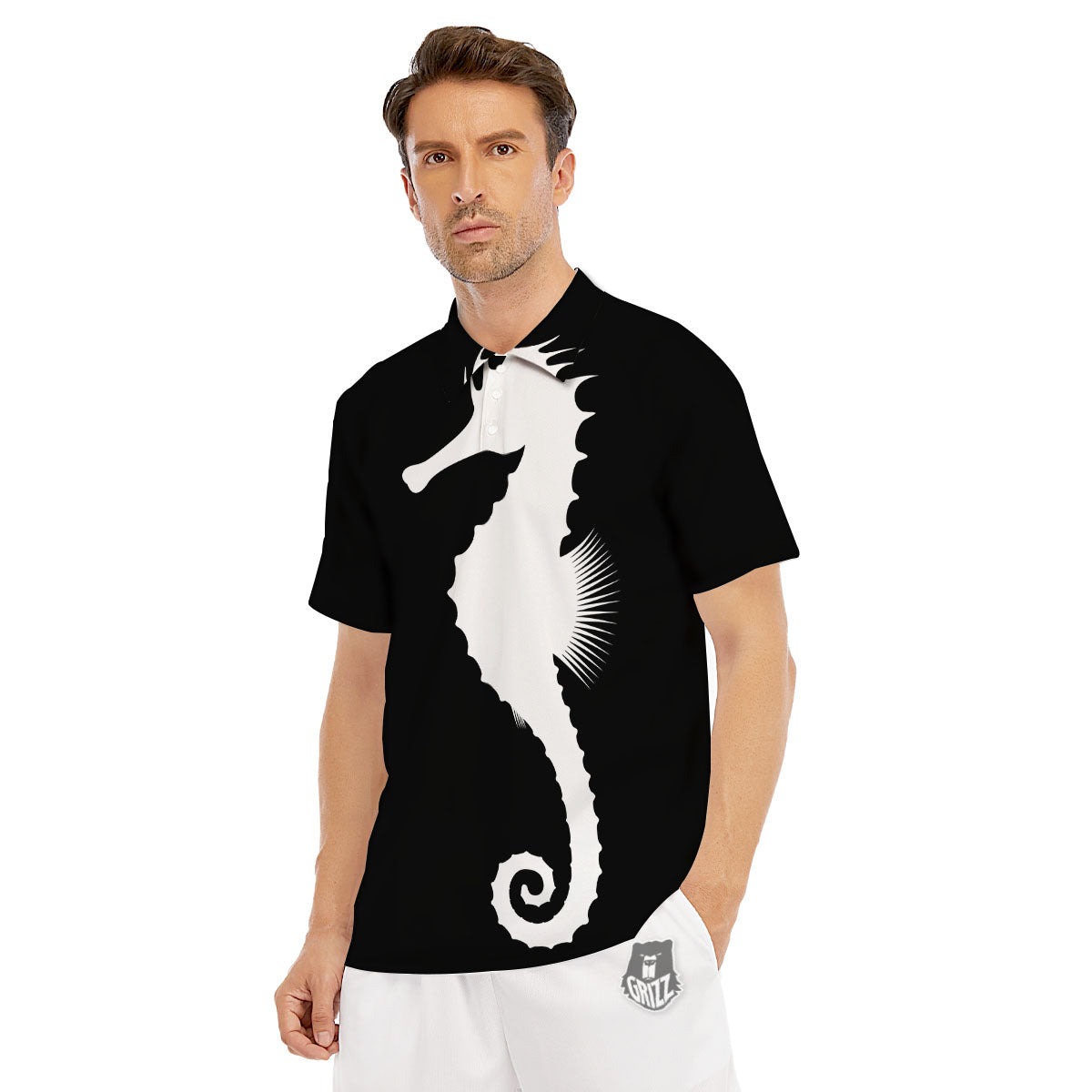 Seahorse White And Black Print Men's Golf Shirts-grizzshop