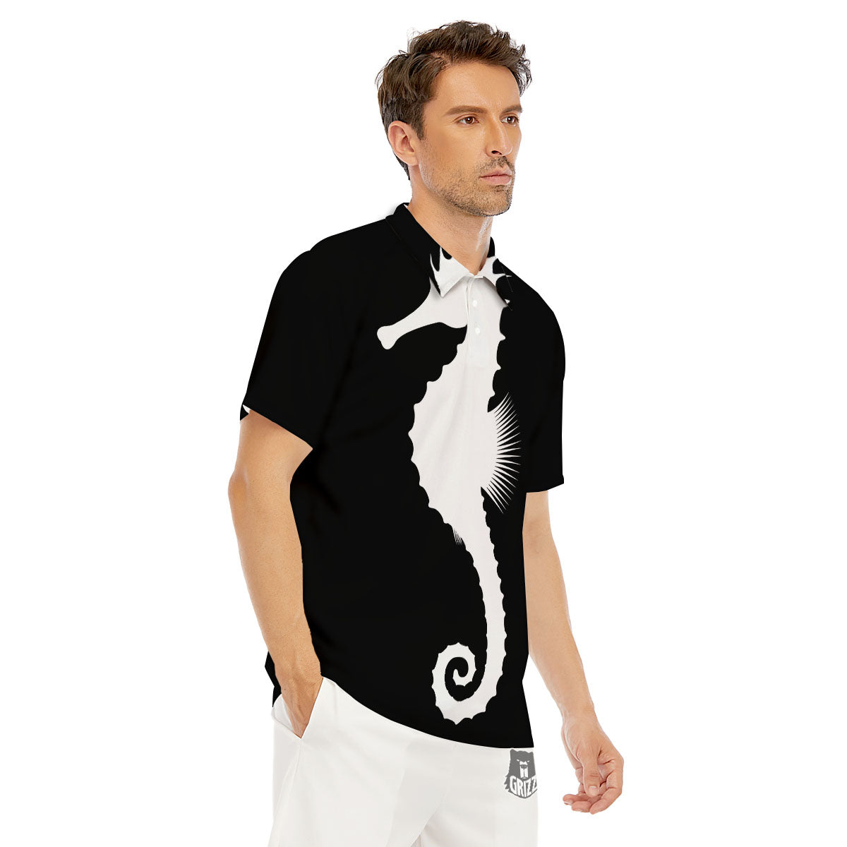 Seahorse White And Black Print Men's Golf Shirts-grizzshop