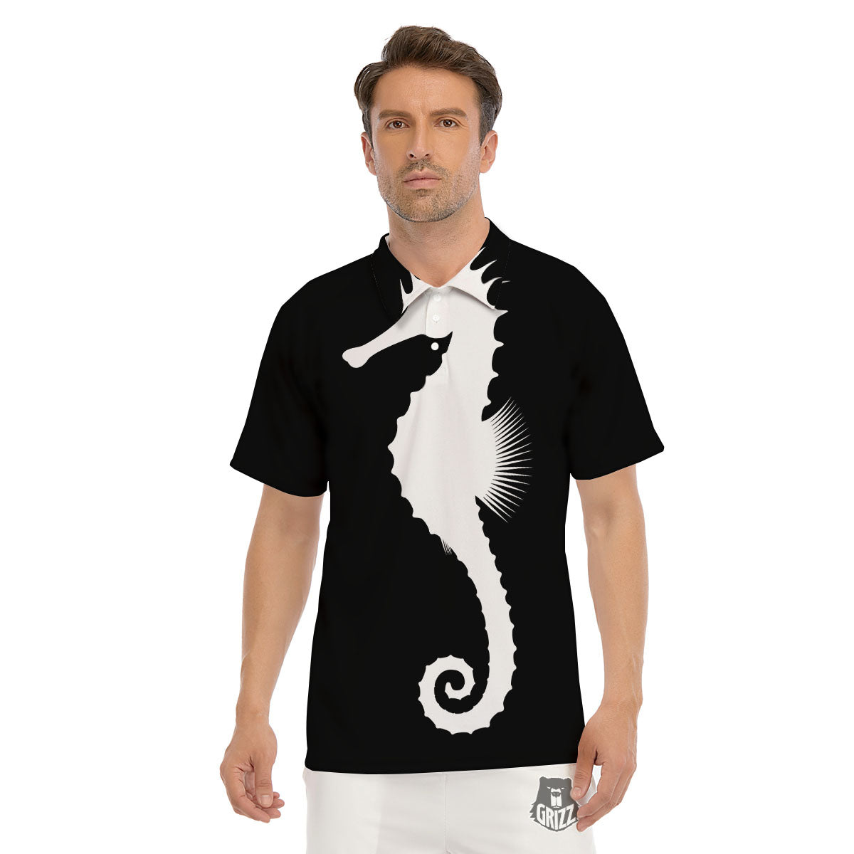 Seahorse White And Black Print Men's Golf Shirts-grizzshop