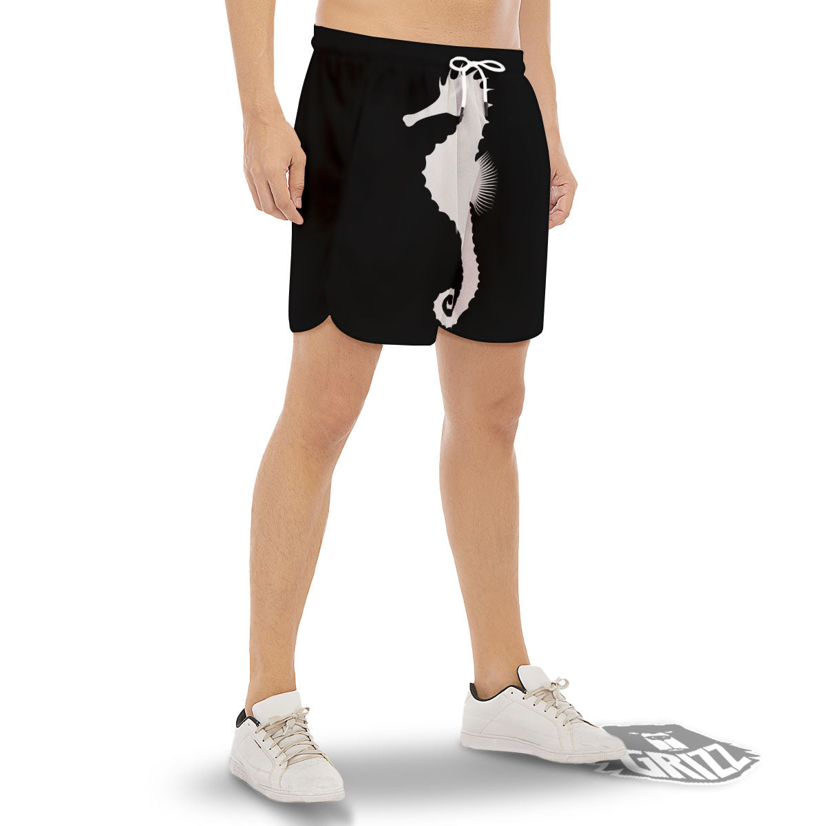 Seahorse White And Black Print Men's Gym Shorts-grizzshop