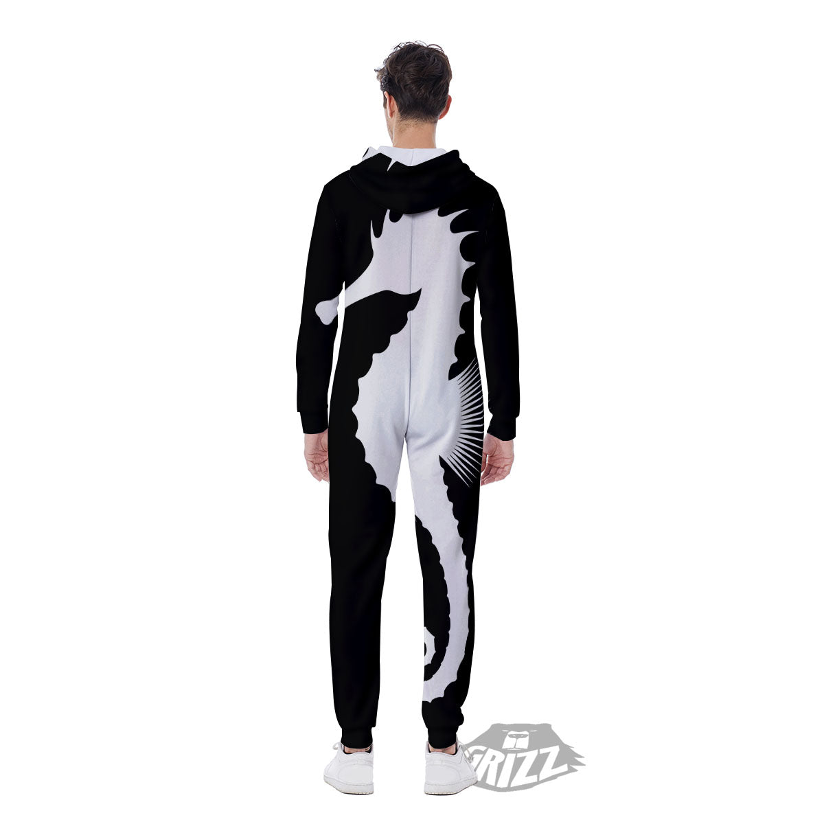 Seahorse White And Black Print Men's Jumpsuit-grizzshop