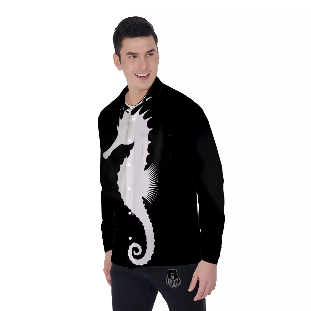 Seahorse White And Black Print Men's Long Sleeve Shirts-grizzshop