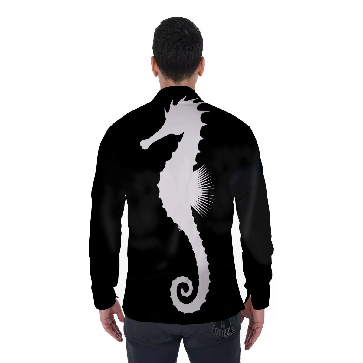 Seahorse White And Black Print Men's Long Sleeve Shirts-grizzshop