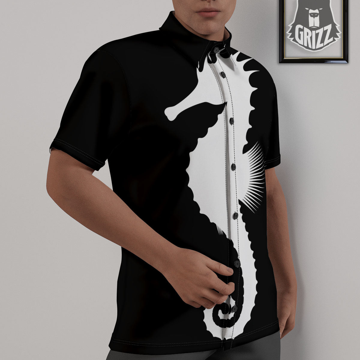 Seahorse White And Black Print Untucked Shirts-grizzshop