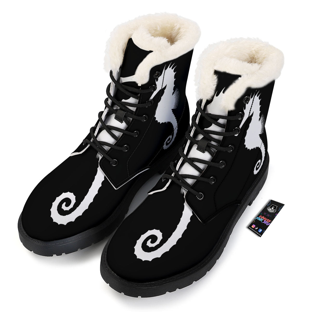 Seahorse White And Black Print Winter Boots-grizzshop