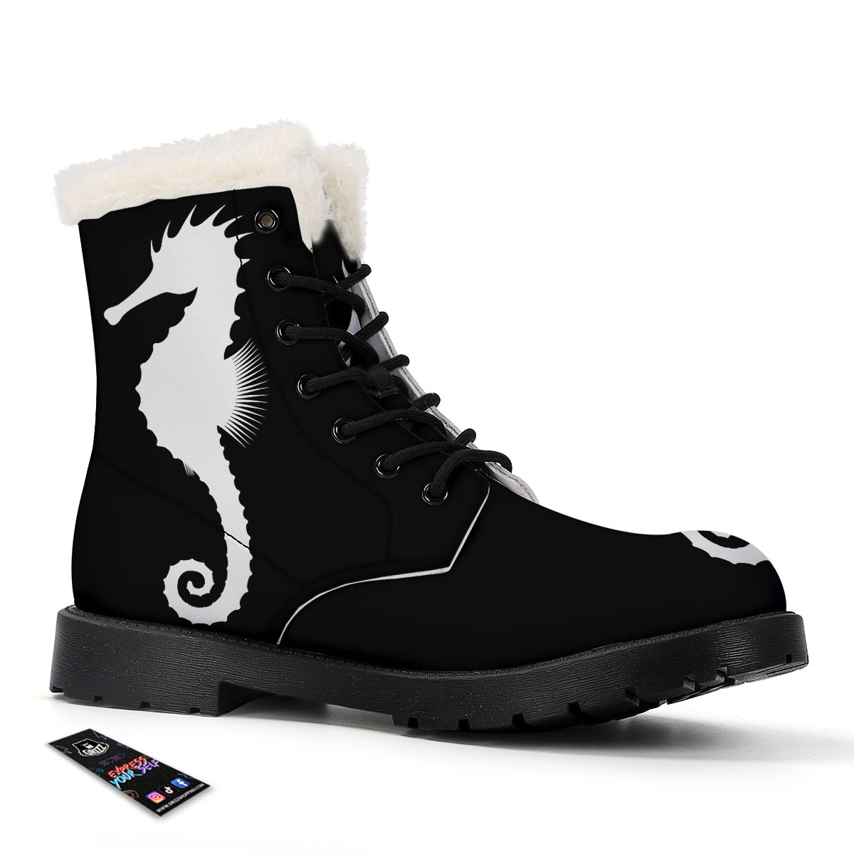 Seahorse White And Black Print Winter Boots-grizzshop