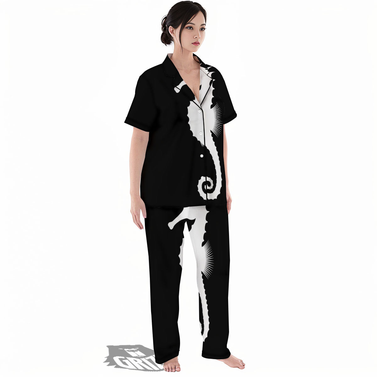 Seahorse White And Black Print Women's Pajamas Set-grizzshop