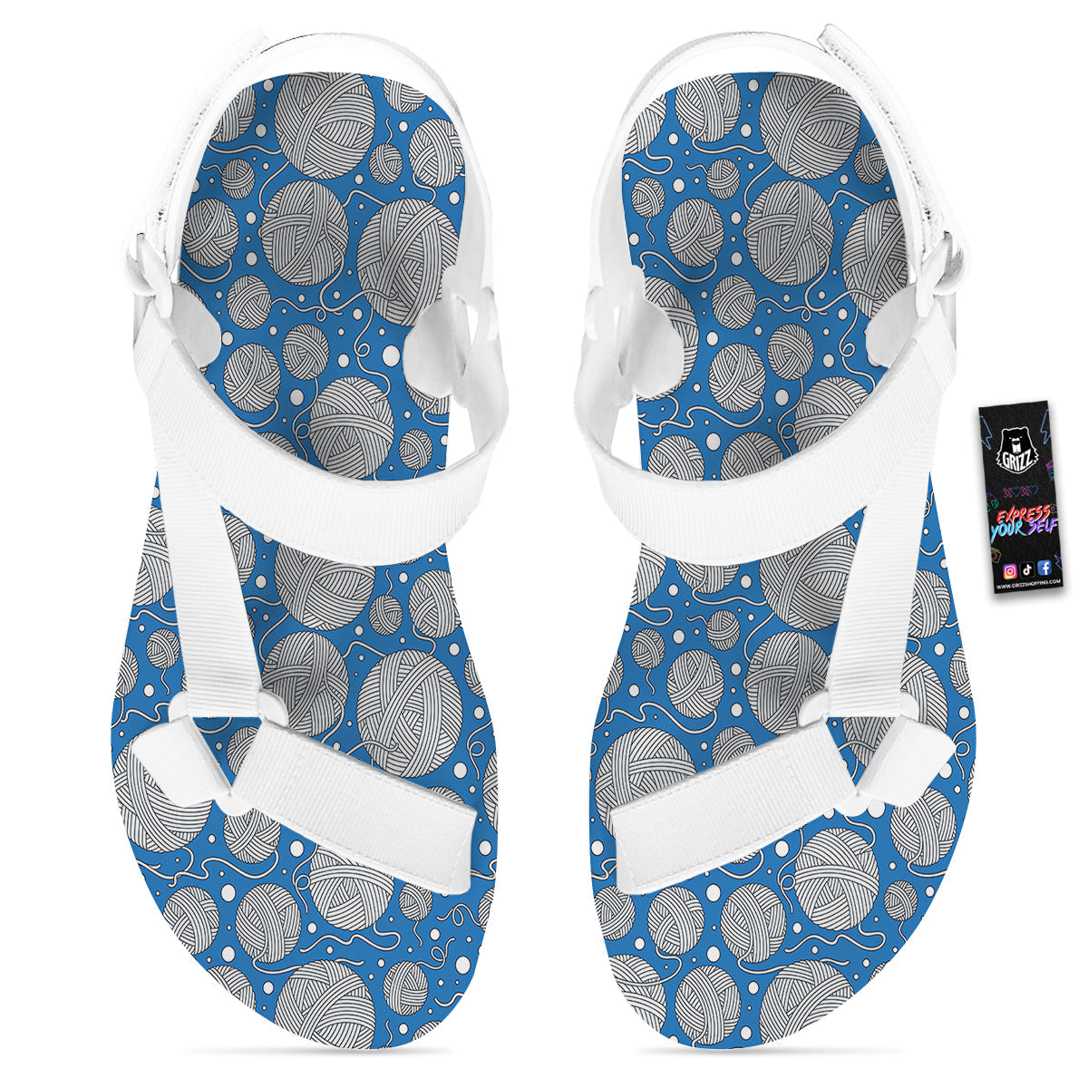 Seamless Yarn Balls Print Pattern White Open Toe Sandals-grizzshop