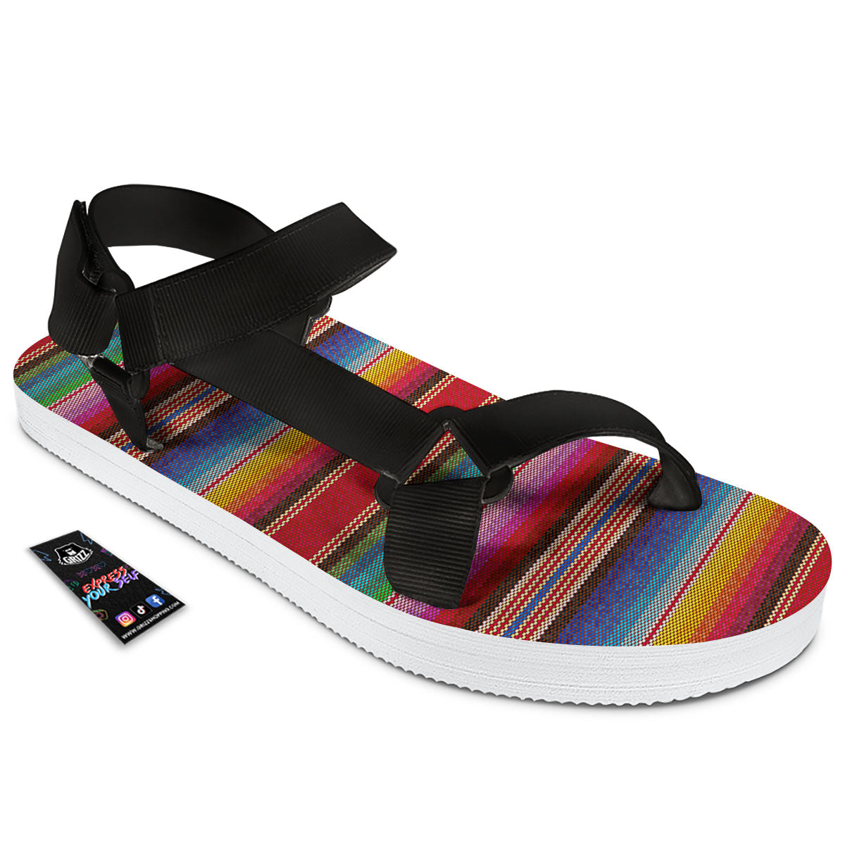 Serape Blanket Ethnic Print Pattern Black Open Toe Sandals-grizzshop