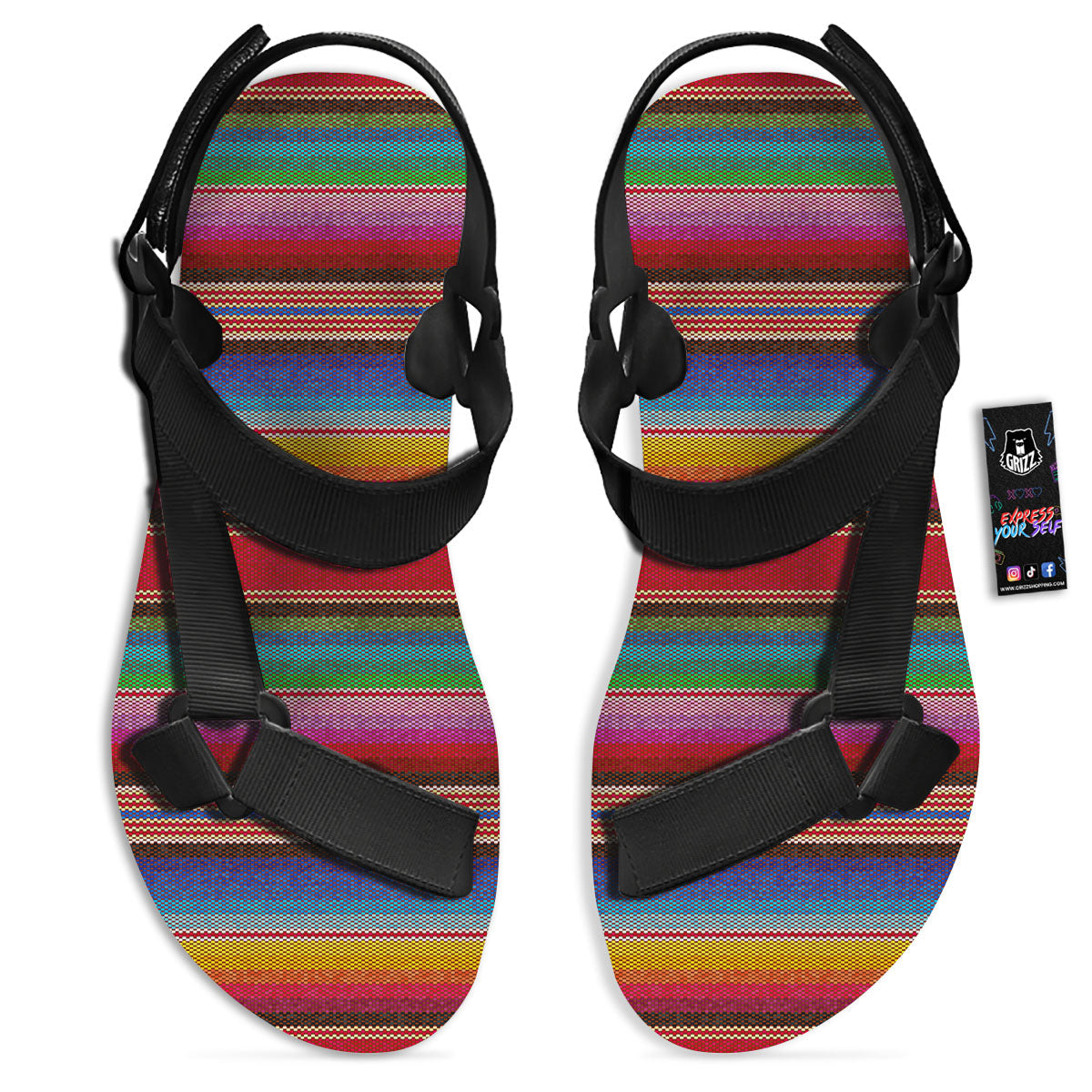 Serape Blanket Ethnic Print Pattern Black Open Toe Sandals-grizzshop