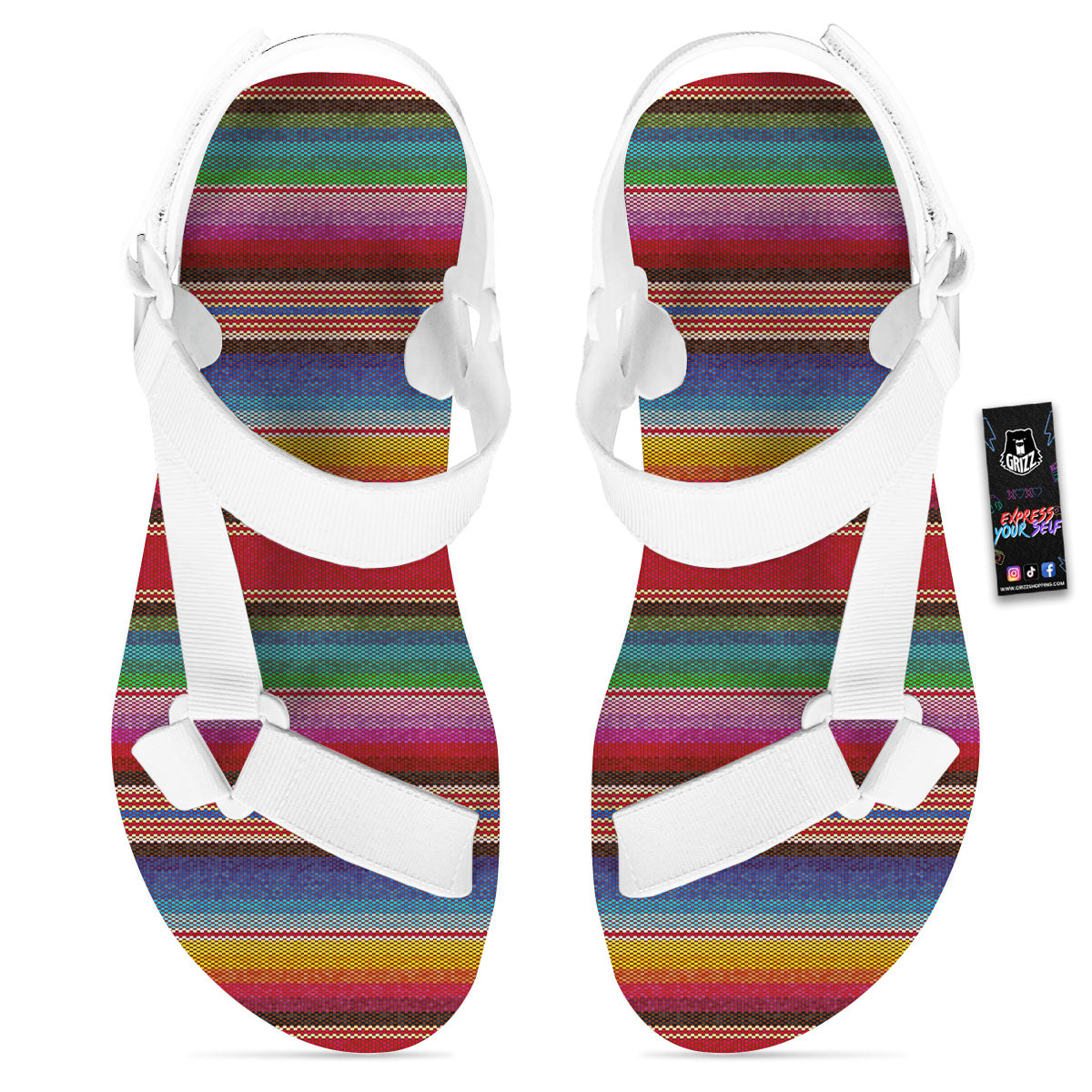 Serape Blanket Ethnic Print Pattern White Open Toe Sandals-grizzshop
