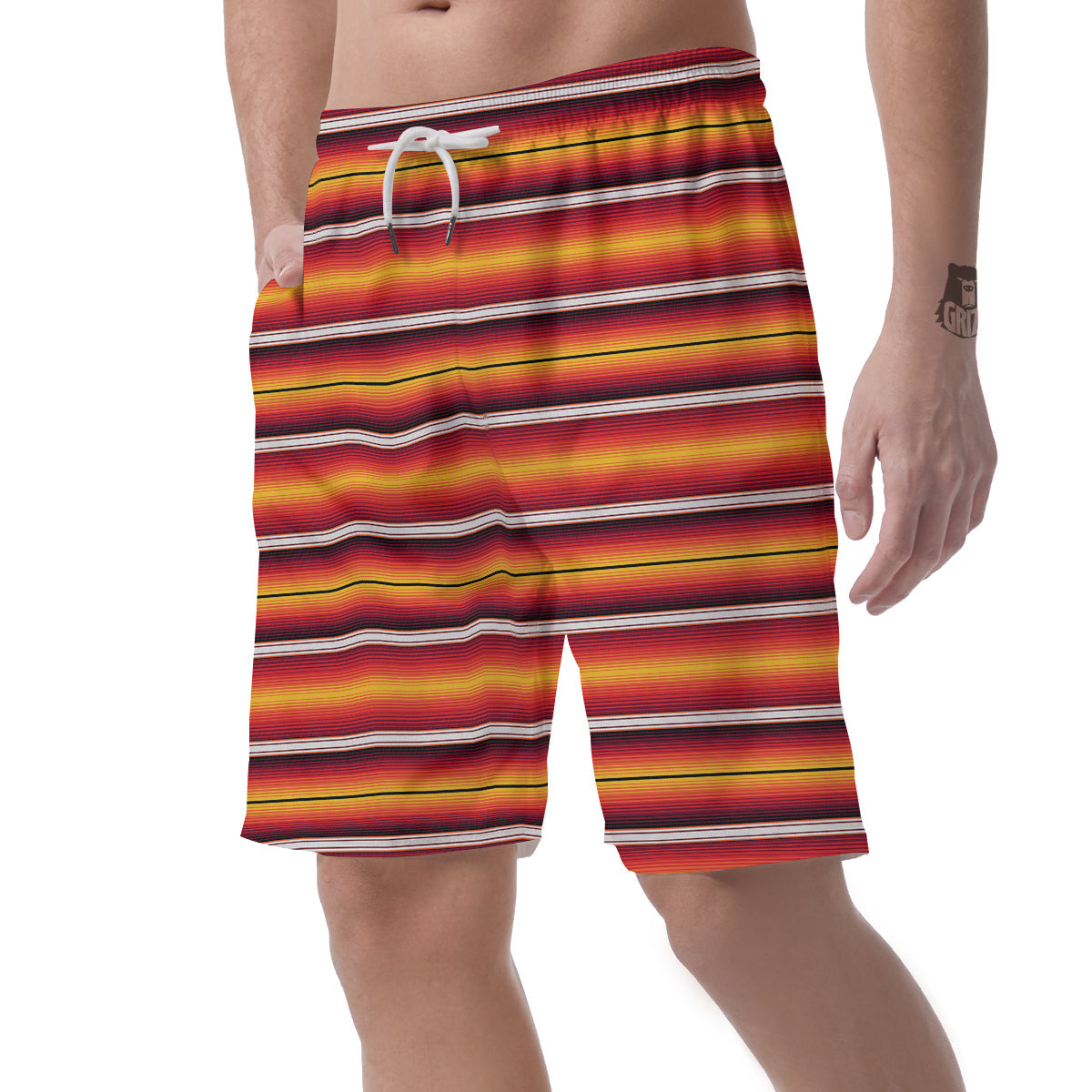 Serape Ethnic Boho Stripes Mexican Black Orange Print Men's Shorts-grizzshop