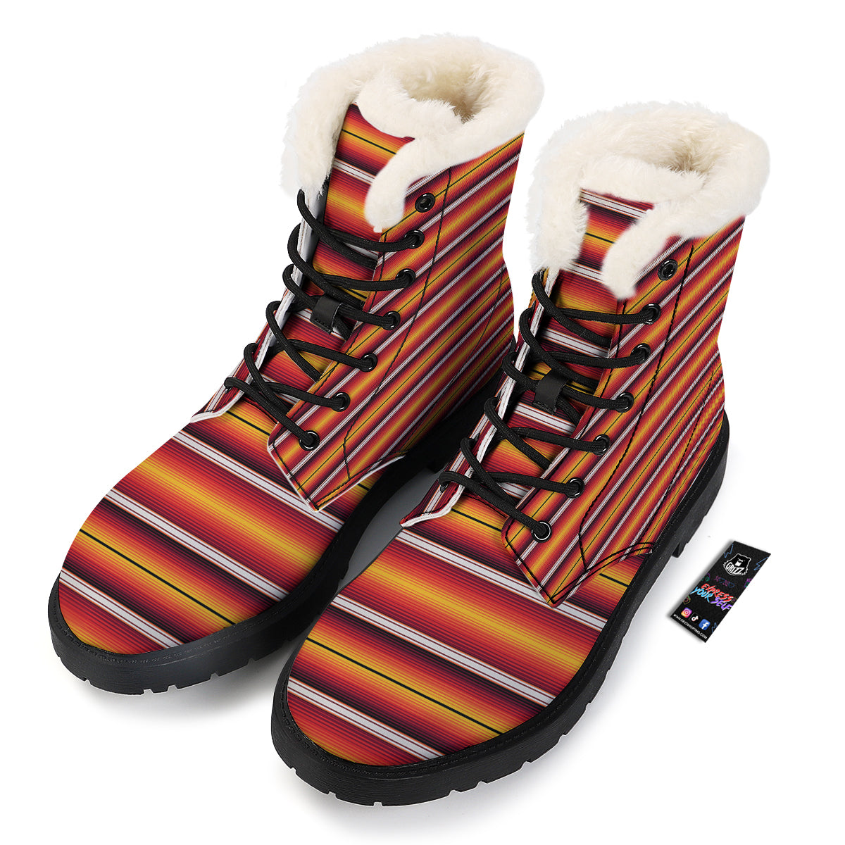Serape Ethnic Boho Stripes Mexican Black Orange Print Winter Boots-grizzshop