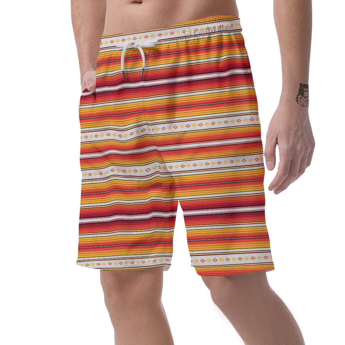 Serape Ethnic Boho Stripes Mexican Orange Print Men's Shorts-grizzshop