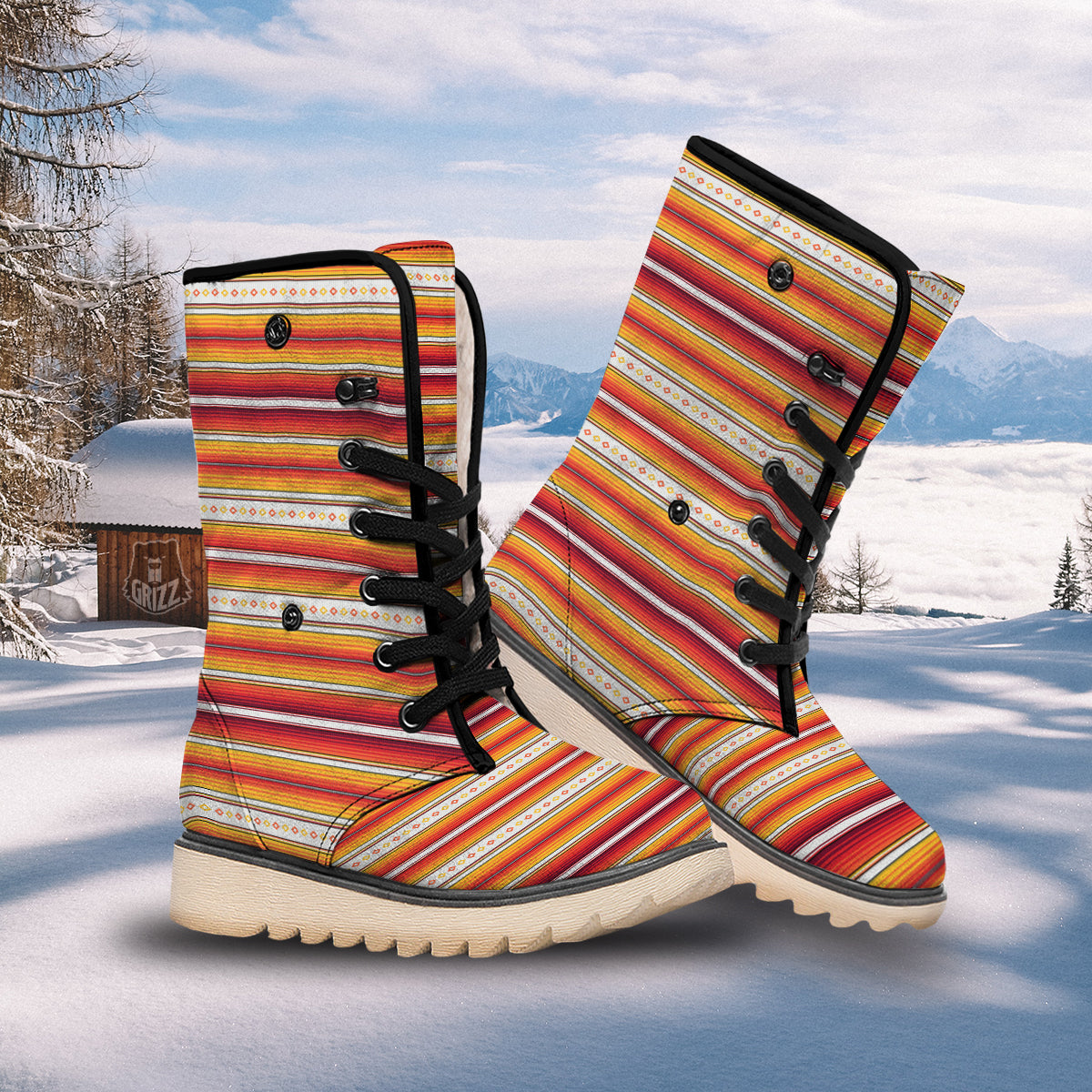 Serape Ethnic Boho Stripes Mexican Orange Print Snow Boots-grizzshop