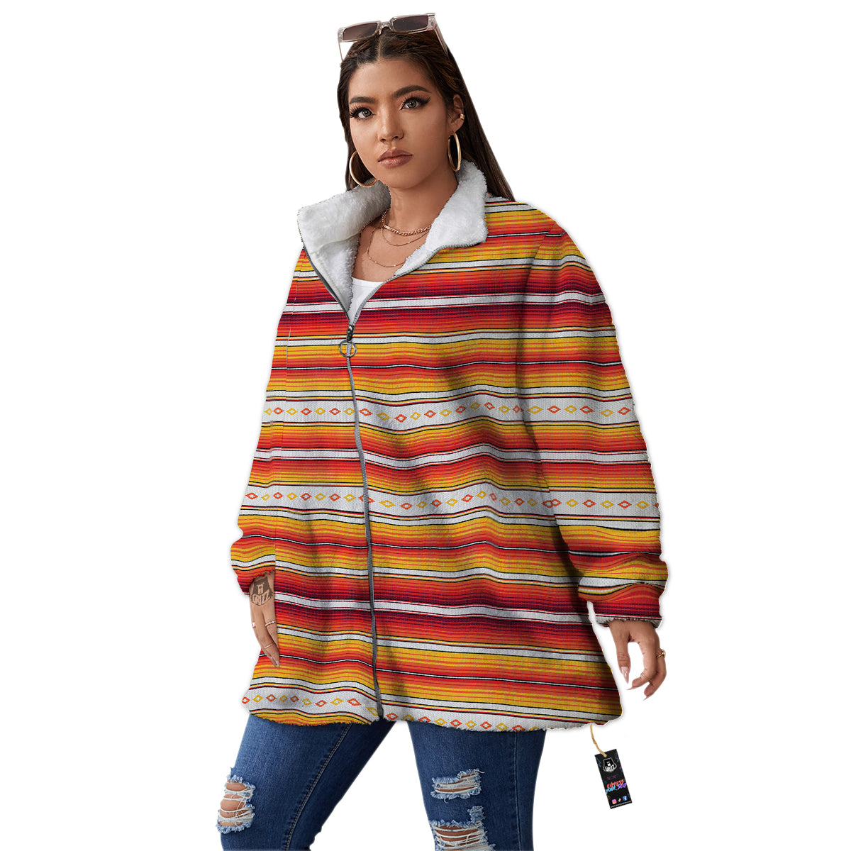 Serape Ethnic Boho Stripes Mexican Orange Print Women's Sherpa Jacket-grizzshop