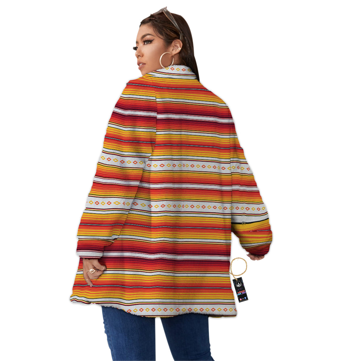 Serape Ethnic Boho Stripes Mexican Orange Print Women's Sherpa Jacket-grizzshop