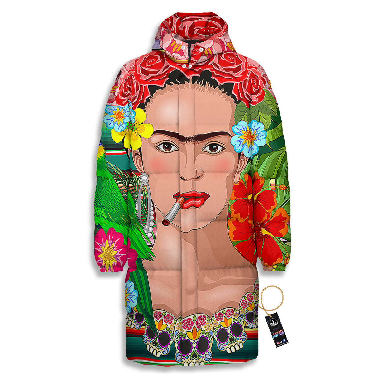 Serape Frida Kahlo Print Long Down Jacket-grizzshop