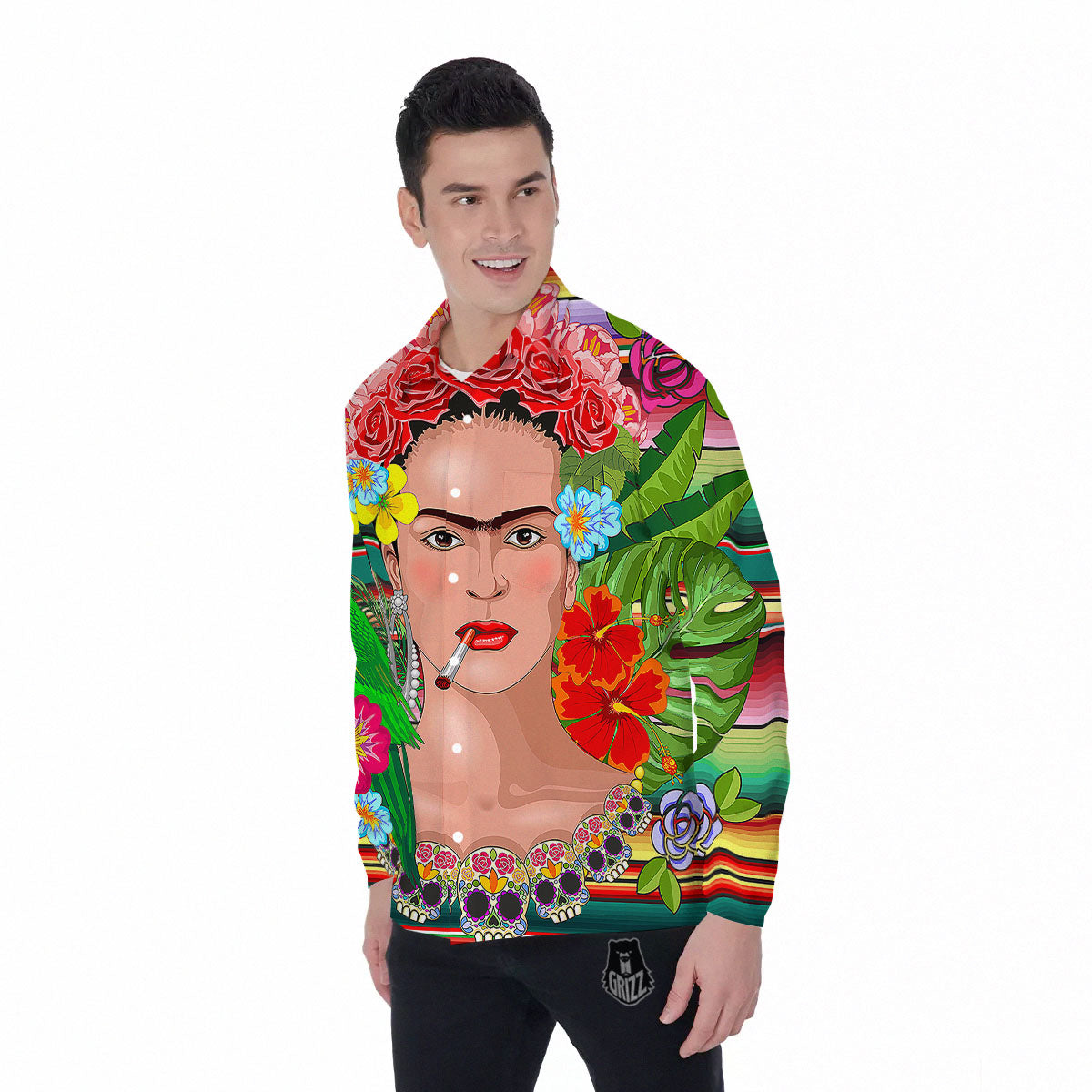 Serape Frida Kahlo Print Men's Long Sleeve Shirts-grizzshop