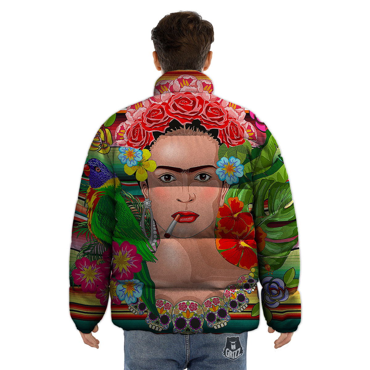 Serape Frida Kahlo Print Puffer Jacket-grizzshop