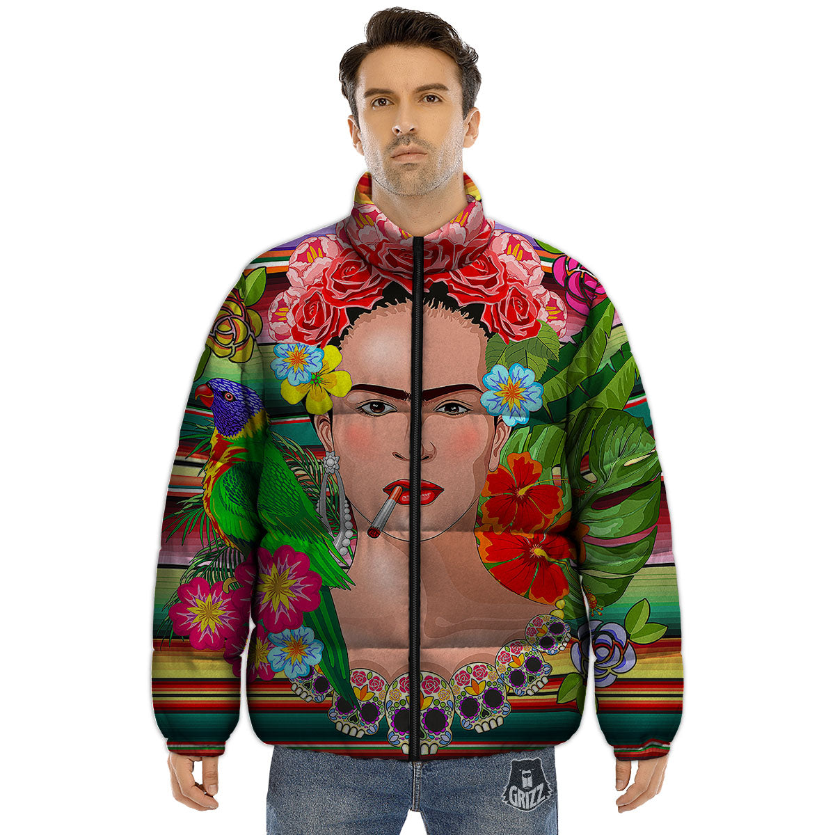 Serape Frida Kahlo Print Puffer Jacket-grizzshop