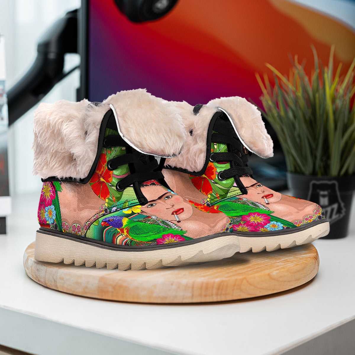 Serape Frida Kahlo Print Snow Boots-grizzshop
