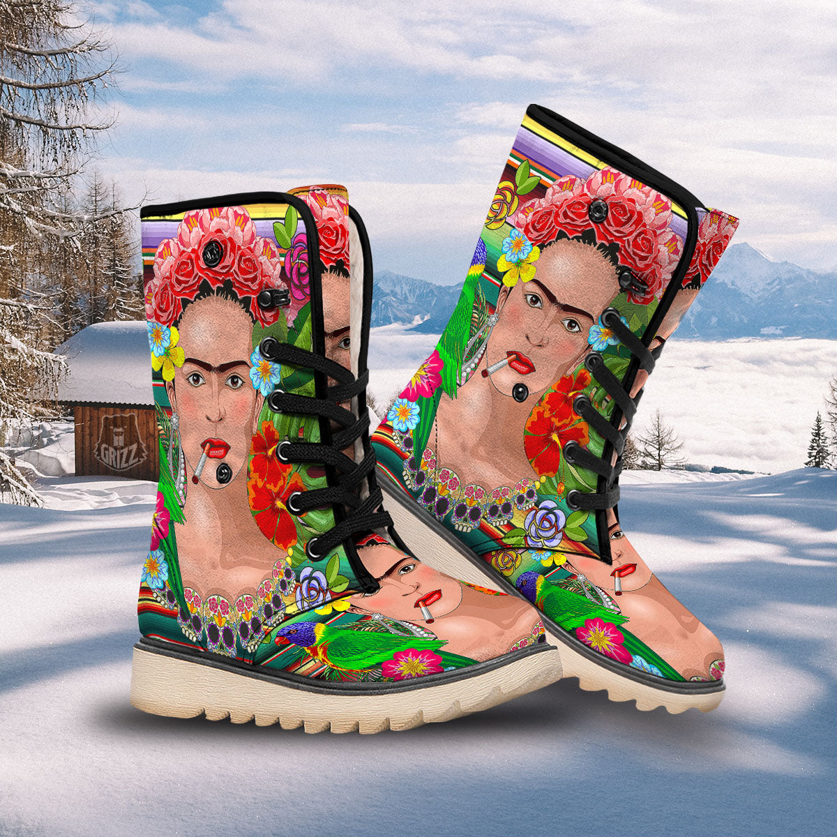 Serape Frida Kahlo Print Snow Boots-grizzshop