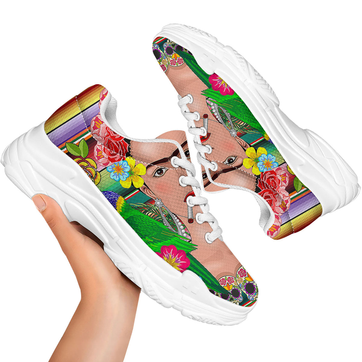 Serape Frida Kahlo Print White Chunky Shoes-grizzshop