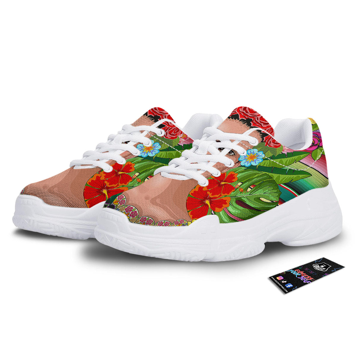 Serape Frida Kahlo Print White Chunky Shoes-grizzshop