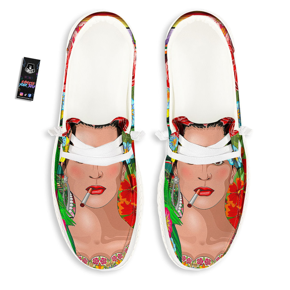 Serape Frida Kahlo Print White Loafers-grizzshop