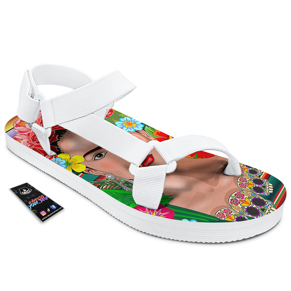 Serape Frida Kahlo Print White Open Toe Sandals-grizzshop