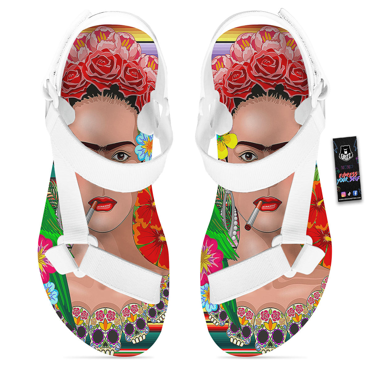 Serape Frida Kahlo Print White Open Toe Sandals-grizzshop