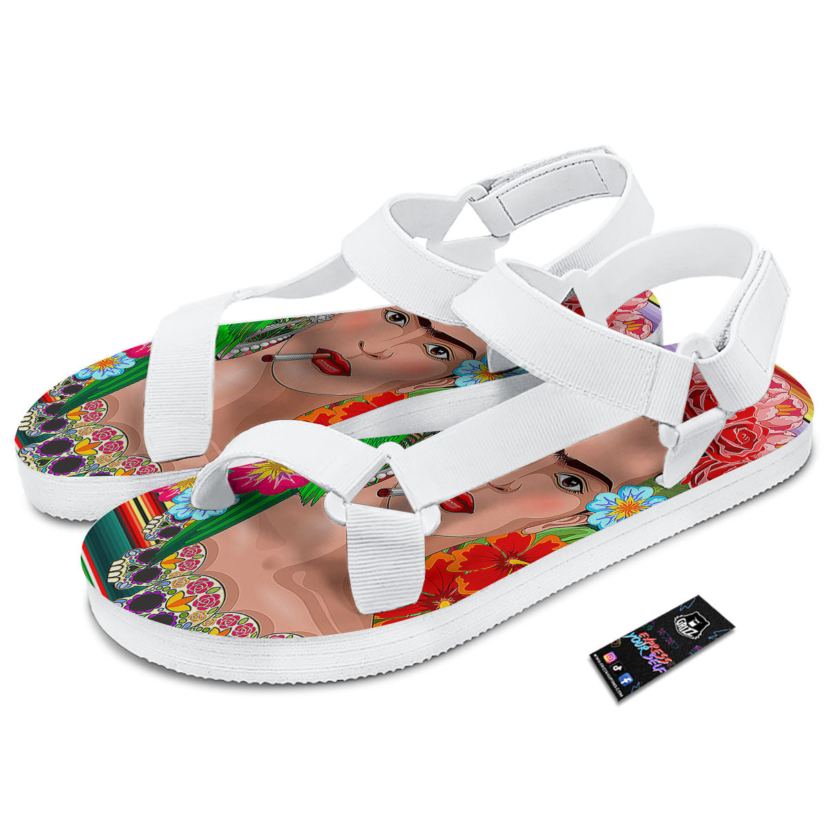 Serape Frida Kahlo Print White Open Toe Sandals-grizzshop